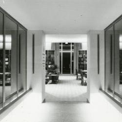 Sterling Morton Library, view toward May T. Watts Reading Garden doors from inside glass walled corridor on west side