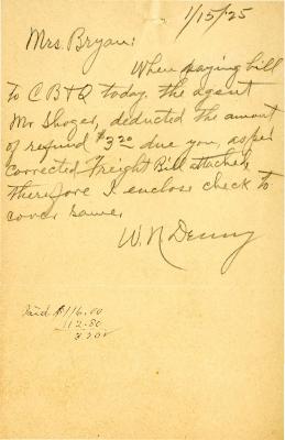 1925/01/15: W. N. [Denny?]  to Mrs. Bryan