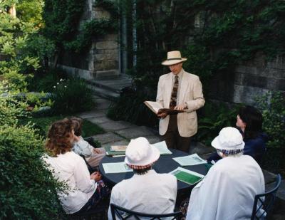Michael T. Stieber giving summer talk in May T. Watts Reading Garden