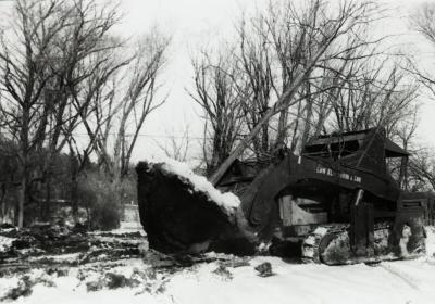 Moving large root balled tree in winter when Route 53 was widened, using Kluckhohn tree moving outfit from Naperville