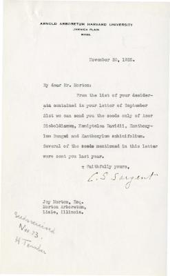 1925/11/20: C. S. Sargent to Joy Morton