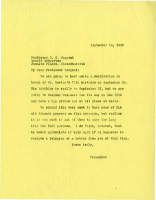 1925/09/15: Treasurer to Professor C. S. Sargent