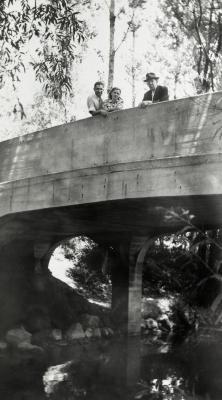 Two men and a woman on concrete bridge over DuPage River