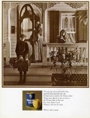 Morton Salt ad, photograph of woman and three children on porch