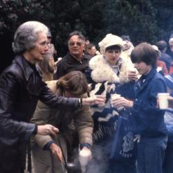 Twilight Tree Walk, Helen Langrill and Nancy Hart serving sassafras tea to crowd