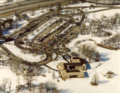 Aerial view of Visitor Center &amp; Main Parking Lot in winter