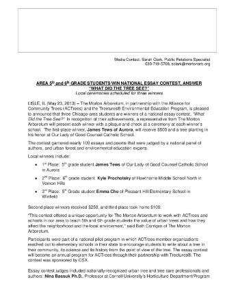 Alliance for Community Trees Essay Contest Press Release