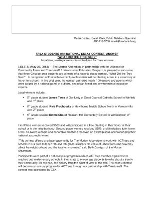 Alliance for Community Trees Essay Contest Press Release