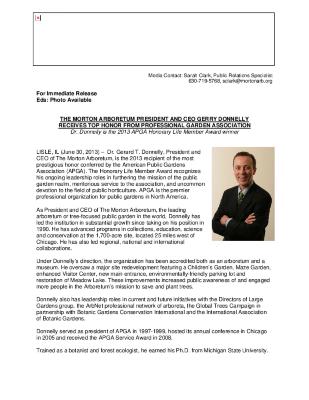 American Public Gardens Association Award, Dr. Donnelly Press Release