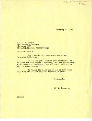 1949/02/04: E. L. Kammerer to J. W. Adams (Morris Arboretum)