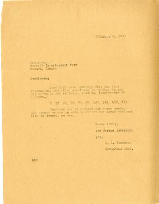 1930/02/06: E. L. Kammerer to Central Experimental Farm, Ottawa