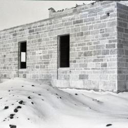  Administration Building construction, brick work with window openings in winter
