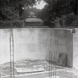 Construction for Cudahy and Rotunda addition to the Administration Building, cement foundation for rotunda overlooking Hedge Garden