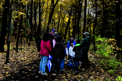 School group looking at leaves at The Morton Arboretum