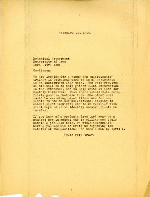 1929/02/22: [Clarence E. Godshalk] to Botanical Department, University of Iowa