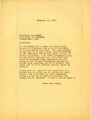 1929/02/22: [Clarence E. Godshalk] to Botanical Department, University of Minnesota