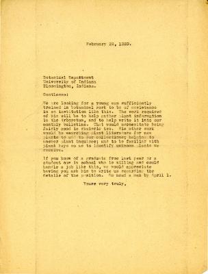 1929/02/22: [Clarence E. Godshalk] to Botanical Department, University of Indiana
