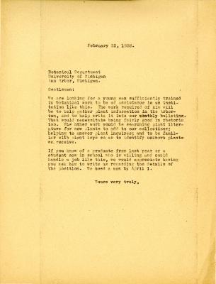 1929/02/22: [Clarence E. Godshalk] to Botanical Department, University of Michigan