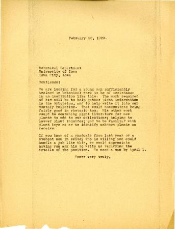 1929/02/22: [Clarence E. Godshalk] to Botanical Department, University of Iowa