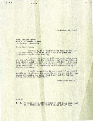 1936/09/11: [C. E. Godshalk] to Mrs. Phelps Wyman