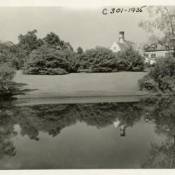 Morton Residence at Thornhill, view of house and lawn from upper pond