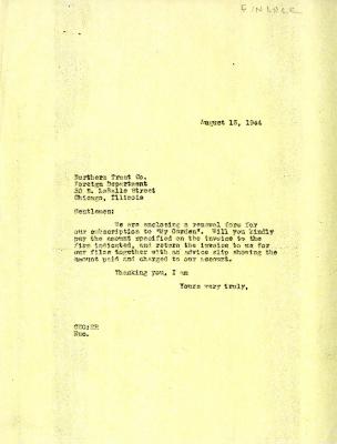 1944/08/15: [C. E. Godshalk] to Northern Trust Co.