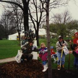 Arbor Day, Carolyn Finzer dressed as Morton Oak with child during tree planting