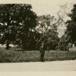 Future site of Clarence Godshalk's first Arboretum house (sketched in behind trees), Emil in foreground