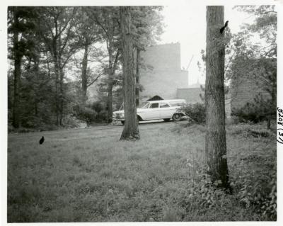 Cricket Hill, construction of tower, vehicle parked in front of tower