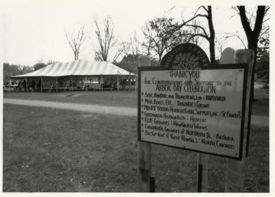 Arbor Day, sign and activity tent