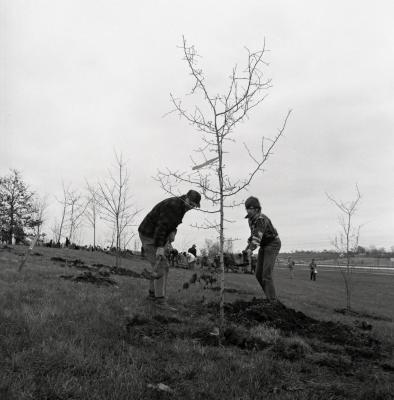Arbor Day Centennial, Centennial Grove tree planting, two men shoveling dirt over newly planted tree