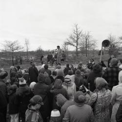Arbor Day Centennial, tree planting, Webster Crowley at microphone speaking to crowd