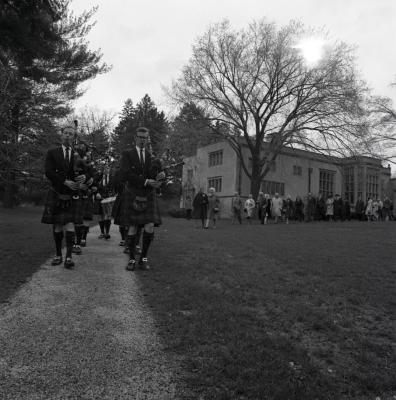 Arbor Day Centennial, tree planting afternoon program, Shannon Rovers pipe band playing bagpipes leading processional down Joy Path from Thornhill