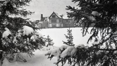 Evergreens framing south view of Morton residence in winter